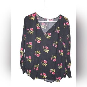 7/141. Old Navy Black Blouse with Pink Floral Design